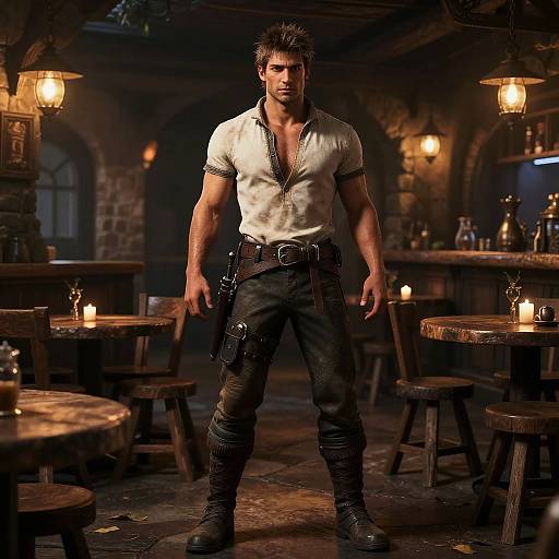 Photorealistic digital art: Muscular man with dark hair, white tight shirt, black pants, and belt, stands confidently in dimly lit,