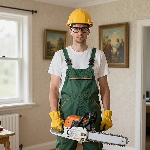 Serious Man with Chainsaw in Room