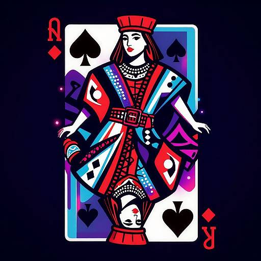 Digital art of a colorful, stylized King of Spades card with vibrant reds, blues, and blacks, featuring a regal figure in a