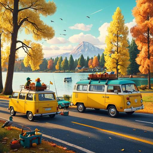 Autumn Lakeside Road with Yellow Camper Vans