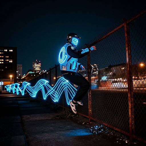 Photograph of a person in neon blue LED lights sitting on a rooftop by a chain-link fence at night, with city lights in the background.