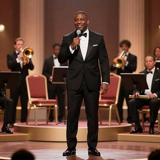 Elegant Performer on Stage with Musicians