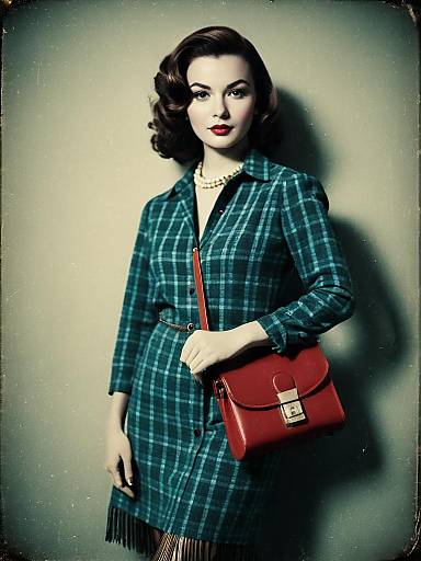 Vintage Style Woman in Plaid Dress with Red Handbag