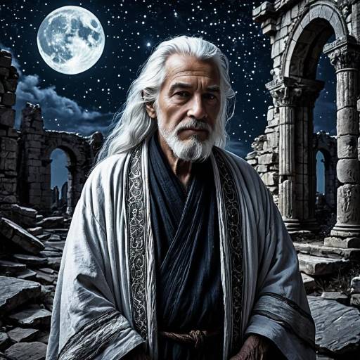 Wise Elder in Ancient Ruins Under Full Moon