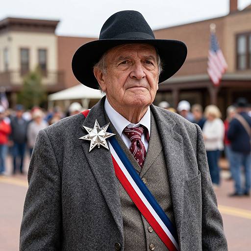 Photograph of an elderly white man in a black hat, gray suit, red-striped sash, white star medal, and maroon tie, standing