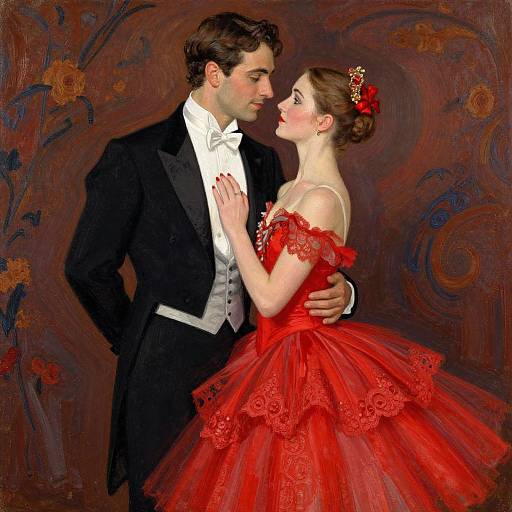 Digital painting of a romantic couple; man in black tuxedo and bow tie, woman in red lace off-shoulder dress, floral background.