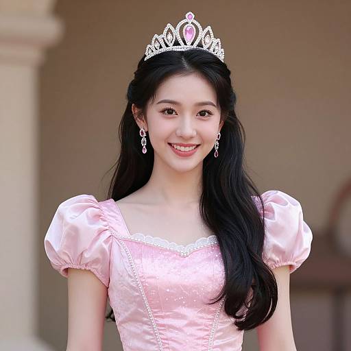 Photograph of an Asian woman with long black hair, wearing a pink satin dress, silver tiara, and dangling earrings, smiling gently.