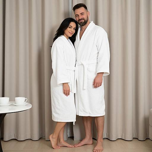Photograph of a smiling South Asian couple in white bathrobes, standing barefoot against beige curtains, with a white table and cup on the left