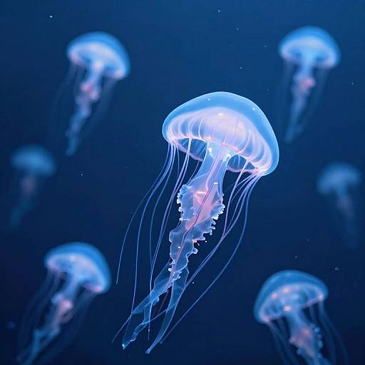 Photograph of glowing blue jellyfish with translucent, flowing tentacles against a dark blue underwater background, creating a serene, ethereal scene.