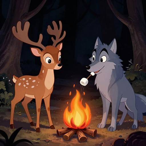 Cartoon-style image of a brown deer with antlers and a gray wolf, both standing by a campfire in a dark forest, holding marshmall