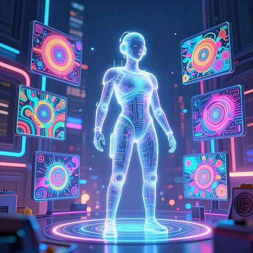 Neon-lit CGI of a glowing, wireframe female figure standing on a circular platform, surrounded by vibrant, futuristic holographic screens.