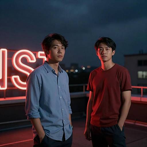 Night Rooftop Scene with Neon Lights