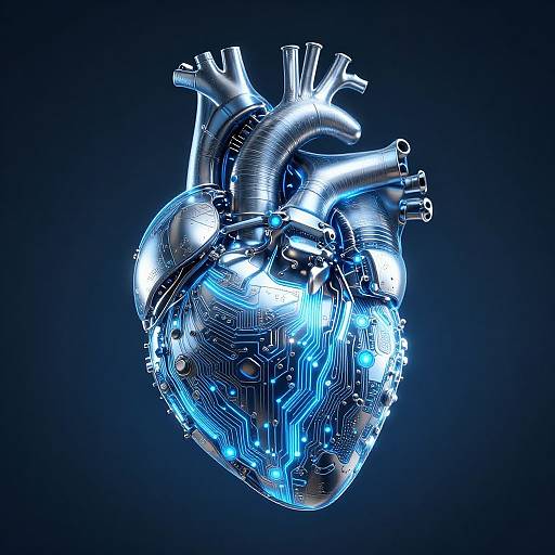 Digital CGI of a futuristic, glowing blue and silver human heart with intricate circuitry patterns, set against a dark blue background.