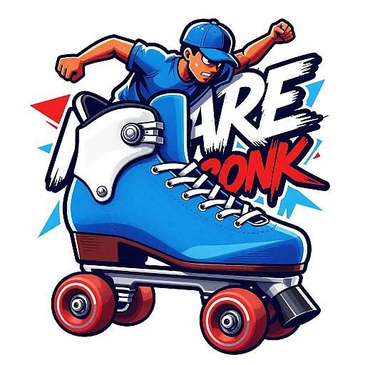 Dynamic digital illustration of a blue-shirted roller skater in a cap, mid-action, skating on red-wheeled skates, with bold 