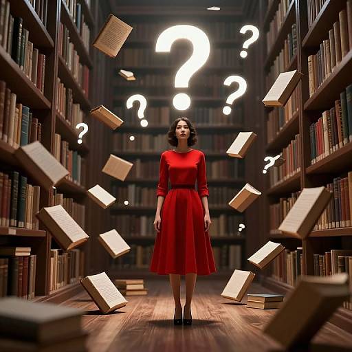 Photograph of a woman in a red dress standing in a library aisle, surrounded by floating books and glowing question marks.