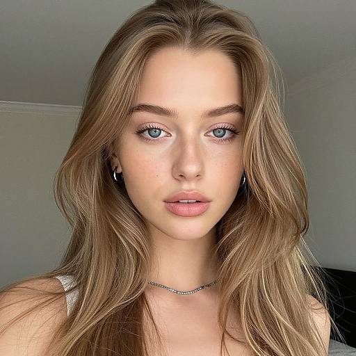 Photograph of a young woman with long, wavy brown hair, blue eyes, light skin, wearing a silver necklace and hoop earrings, looking directly