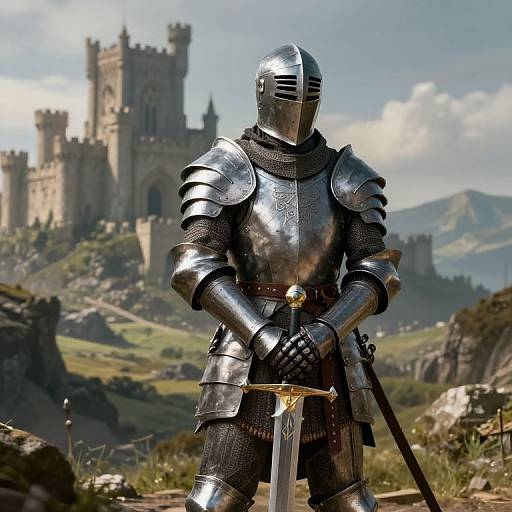 Medieval Knight in Shining Armor with Castle Background
