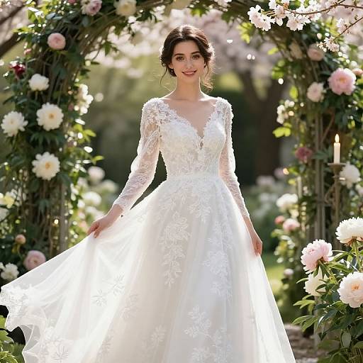 Photograph of a beautiful, fair-skinned woman with dark brown hair in a white lace wedding dress, standing under a blooming floral arch in a