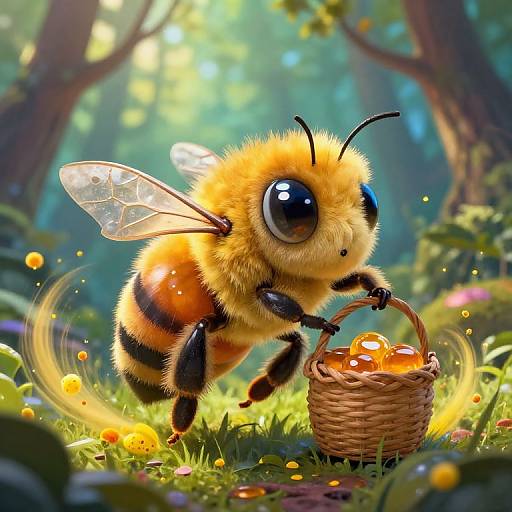 Whimsical digital illustration of a cute, fluffy, anthropomorphic bee with large eyes, holding a wicker basket filled with glowing honey in a sun