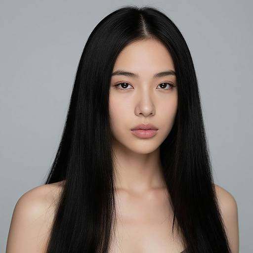 Photograph of a young East Asian woman with long, straight black hair, fair skin, and neutral expression, against a light gray background. She is