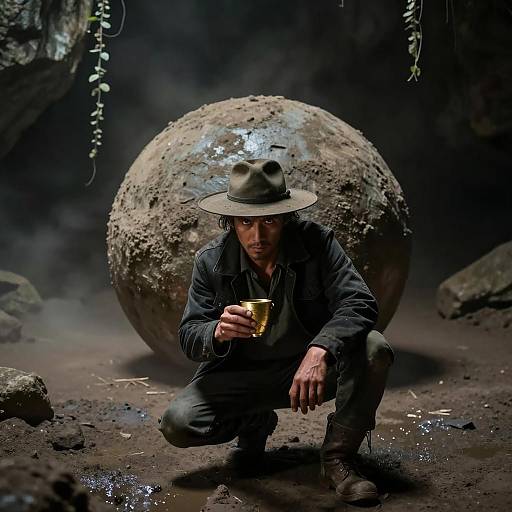 Mysterious Man in a Shadowy Cave