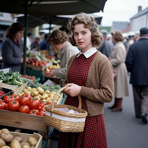 Photograph of a 1950s-style woman with curly brown hair, wearing a brown cardigan and red checkered dress, holding a wicker