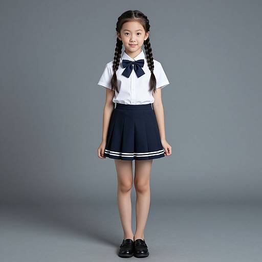 Photograph of an Asian girl with long braided hair, wearing a white sailor-style top, black pleated skirt, black shoes, and a navy