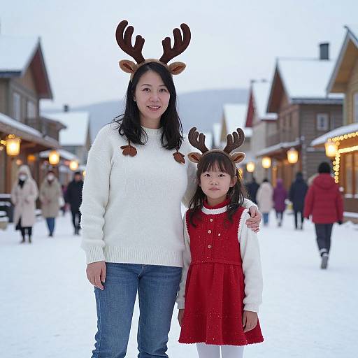 Photograph of a smiling Asian woman in a white sweater and blue jeans, standing with her young daughter in a red dress, both wearing reindeer ant