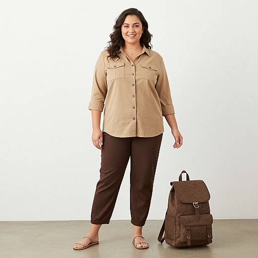 Photograph of a smiling, curvy woman with dark hair, wearing a beige button-up shirt, black pants, and sandals, standing beside a brown