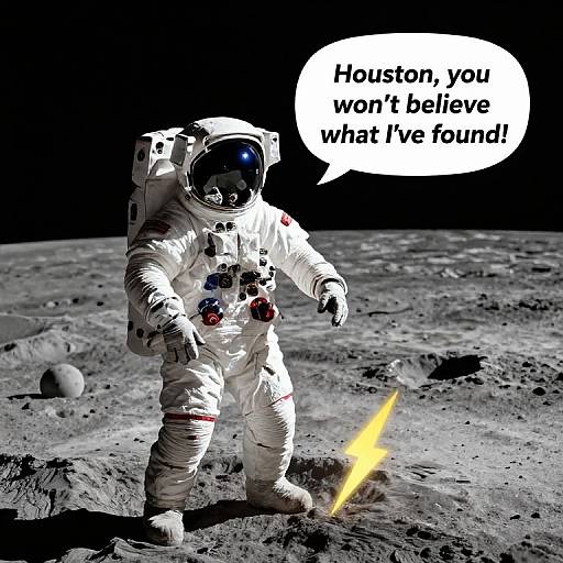 Photorealistic digital art of an astronaut on the moon, wearing a white spacesuit with a black helmet, holding a laser, saying, 