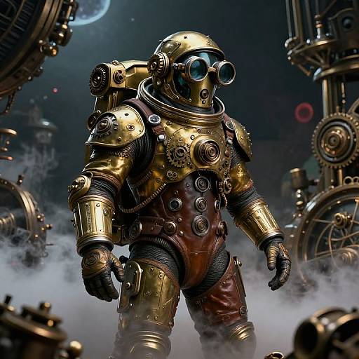 Photorealistic CGI of a steampunk-style astronaut in gold and brown armor with goggles and breathing mask, set against a foggy, mechanical spaceship