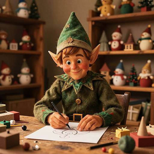 Photograph of a cheerful, elf-like boy with pointed ears, green outfit, and hat, drawing a smiley face on paper, surrounded by wooden
