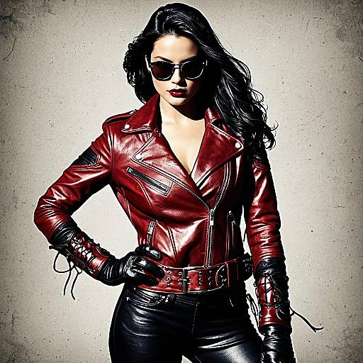 Woman in Crimson Racer Leather Jacket and Sunglasses