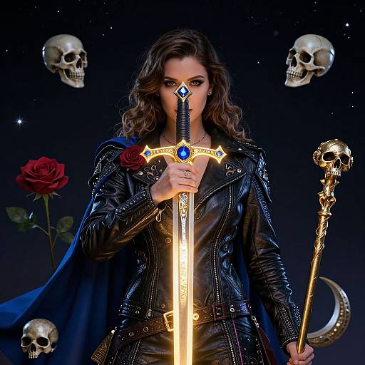 Photograph of a fierce woman with wavy brown hair, in a black leather jacket, holding a glowing sword with a blue gem, surrounded by floating