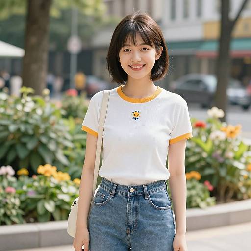 Photograph of a smiling Asian woman with short black hair, wearing a white t-shirt with yellow trim and a small sunflower design, blue high-w