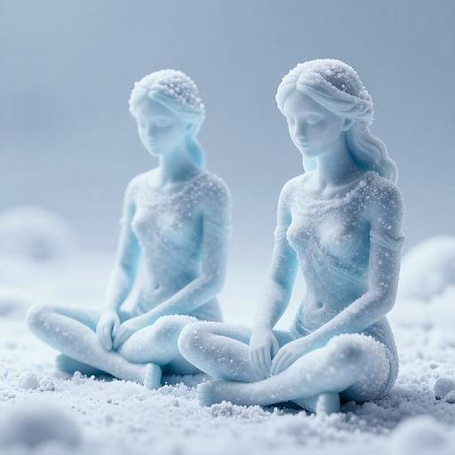 Photograph of two blue-tinted, snow-covered statue women in lotus position, sitting on a snowy ground, with a soft, glowing light
