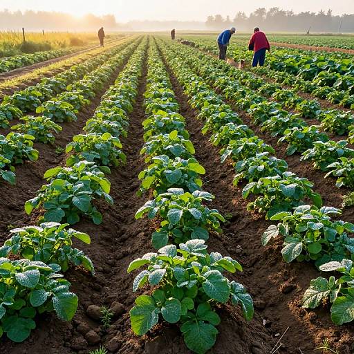 Photograph of a sunlit, green vegetable field with rows of lush, leafy plants, three people in colorful clothing tending to the crops in