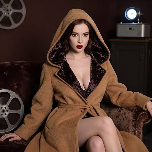 Photograph of a fair-skinned woman with dark hair, red lipstick, and brown hooded coat with black lining, sitting on a brown velvet couch