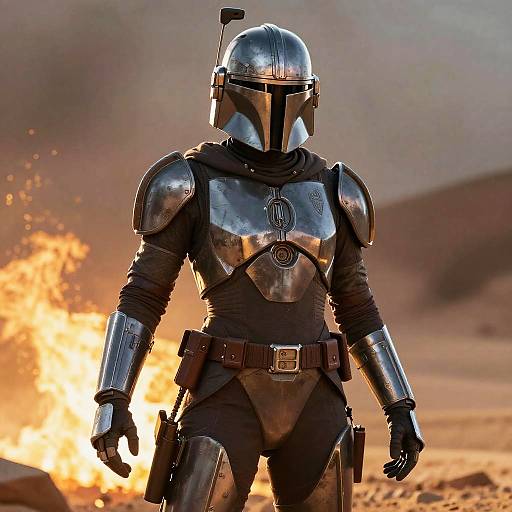 Female Mandalorian Warrior in Fiery Desert