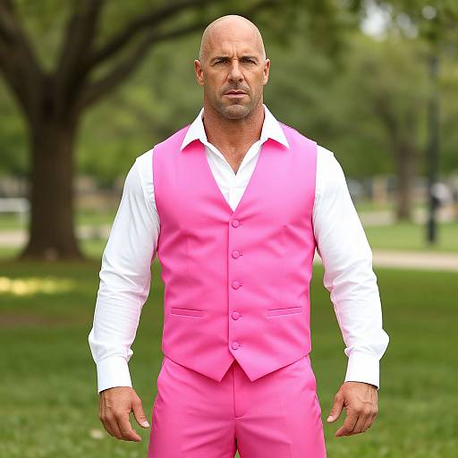 Photograph of a bald, muscular man in a bright pink vest and white shirt, standing in a green park with trees.