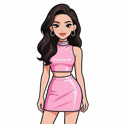 Digital illustration of a confident woman with long black hair, wearing a pink sleeveless crop top and matching skirt, accessorized with hoop earrings and a ch