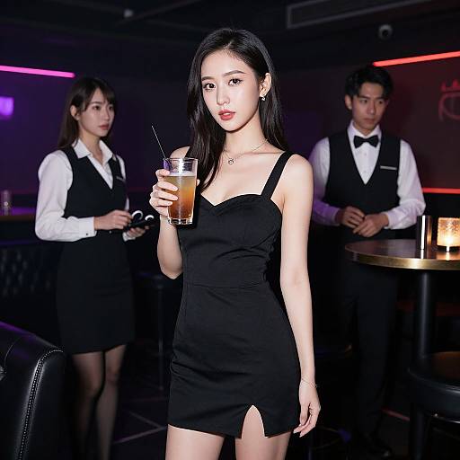 Photograph of an Asian woman in a short, black dress with a slit, holding a glass of iced drink in a dimly lit bar,