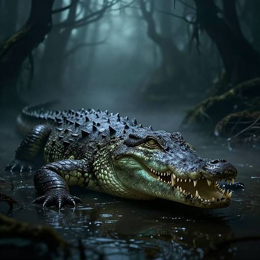 Photorealistic CGI of a menacing, glowing green alligator with sharp teeth and spiked back, lying in a dark, misty swamp under moonlight