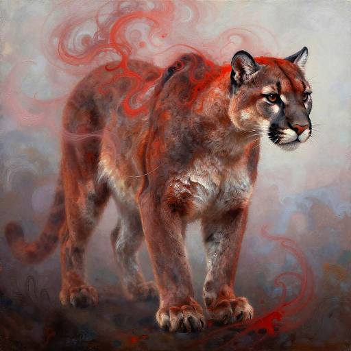 Digital painting of a fierce, red-tinged cougar with swirling red and gray smoke in the background, standing alert. Artist's signature in the bottom