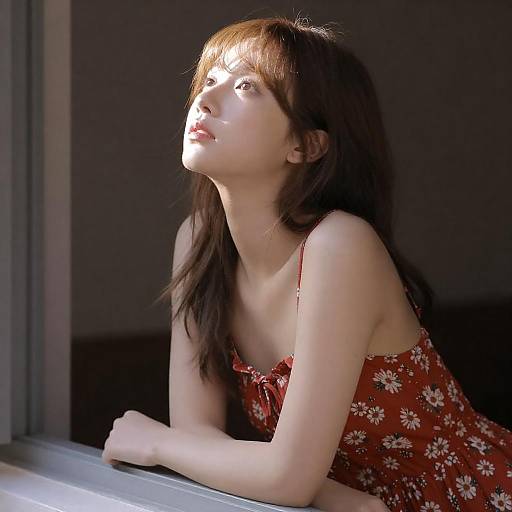 Woman in Red Floral Dress by Window