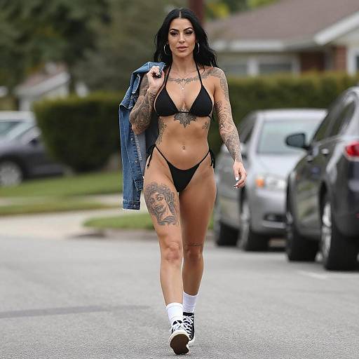Tattooed Woman Walking in Suburb