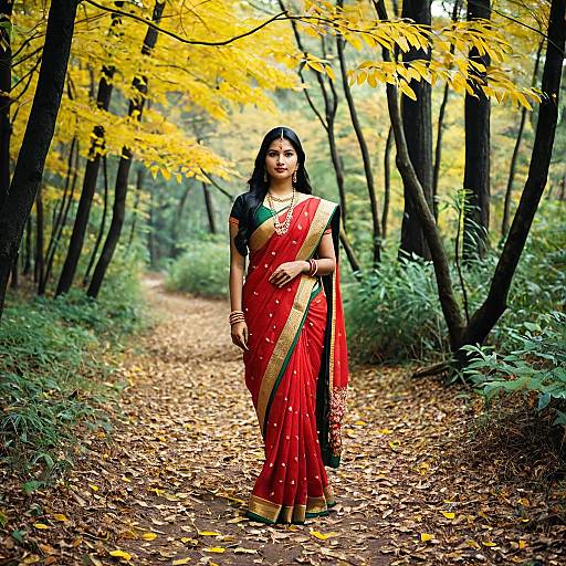 Indian Woman in Traditional Sari on Forest Path