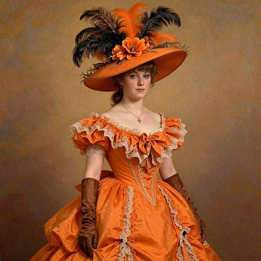 Victorian woman in vibrant orange dress and hat with black feathers, lace trim, brown gloves, gold necklace, against brown background. Photographic portrait.