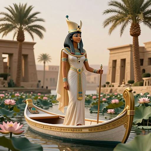 Digital artwork of an ancient Egyptian queen with dark skin, blue-striped headdress, white dress, standing in a golden boat, surrounded by lotus flowers