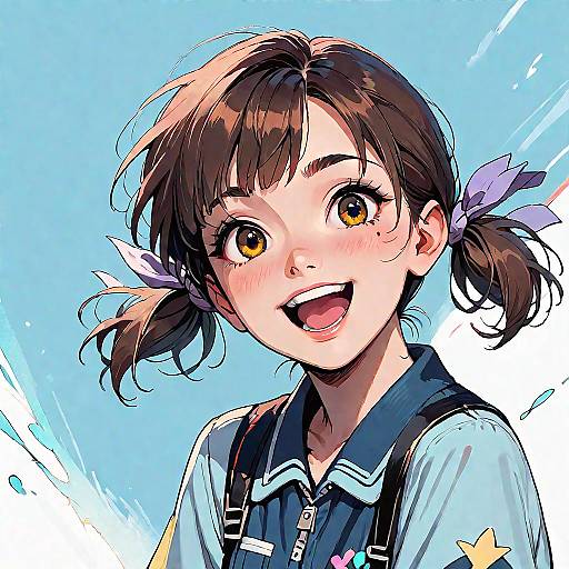 Digital anime-style drawing of a cheerful young girl with brown pigtails, large orange eyes, wearing a blue shirt and black suspenders. Bright blue